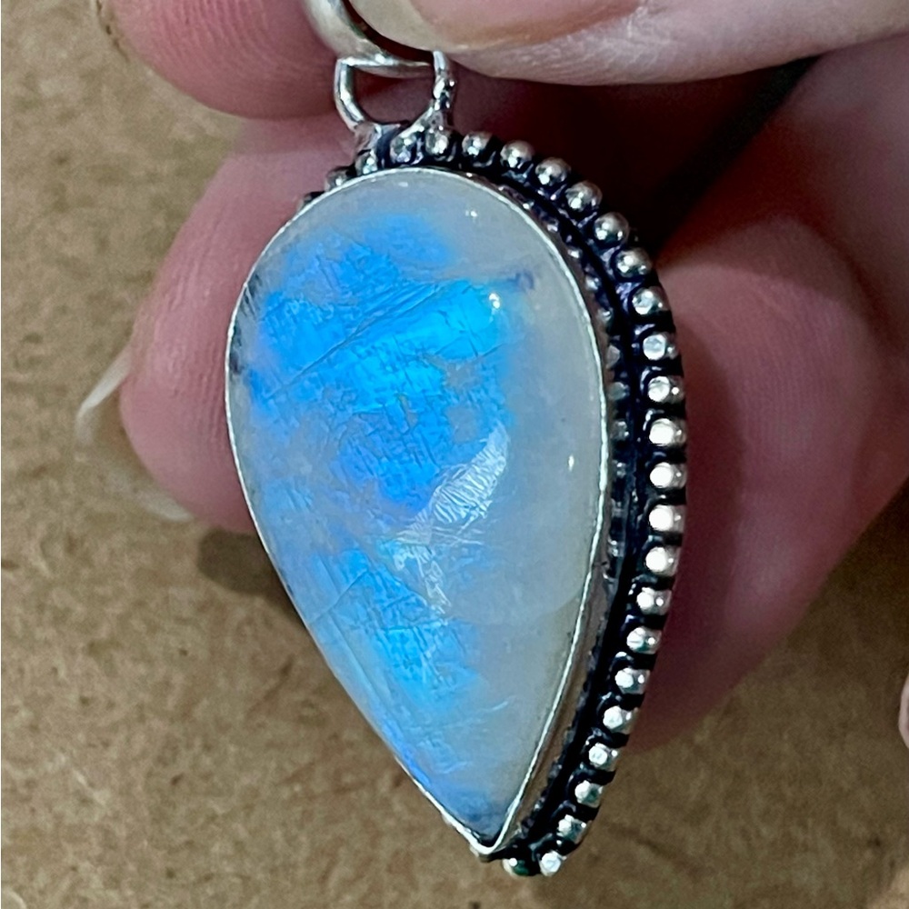 Beautiful Bright Blue Dainty Teardrop Moonstone Pendant Necklace